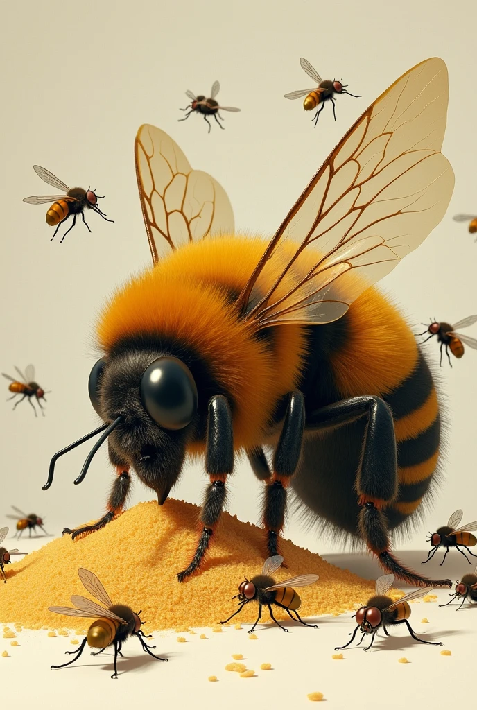 A huge fat bee lies near a pile of sugar and around it there are many skinny little hungry flies.