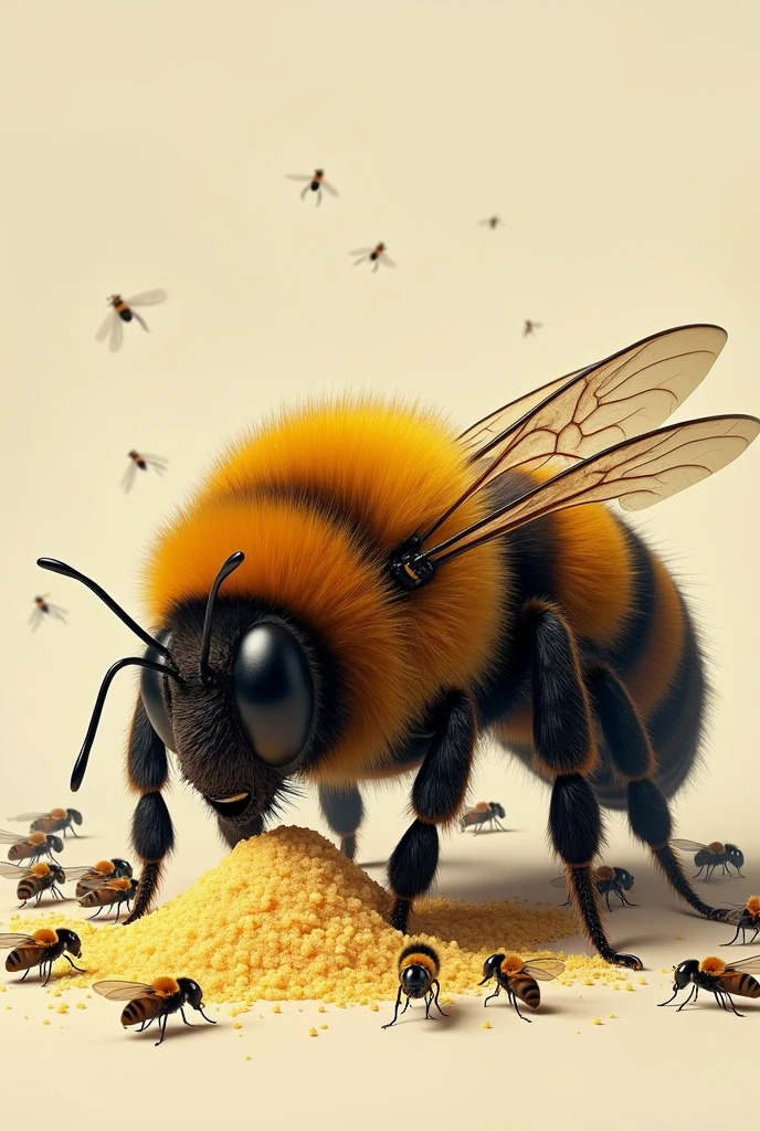 A huge fat bee lies near a pile of sugar and around it there are many skinny little hungry flies.