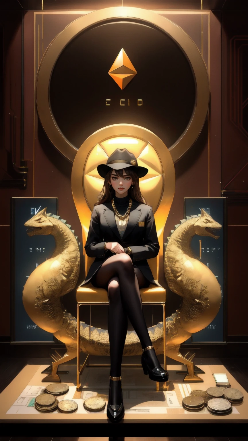 A beautiful, cute girl, dressed in a sharp suit with a stylish hat, seated at a desk covered in Bitcoin and Ethereum symbols and coins. She represents the 'OG Crypto Dinosaur,' holding a smartphone, with gold chains and accessories. The environment is a retro-futuristic office, with a large computer screen displaying cryptocurrency charts. The entire scene is set against a rich brown background, blending vintage and modern elements to symbolize the enduring power of OG Crypto culture.
