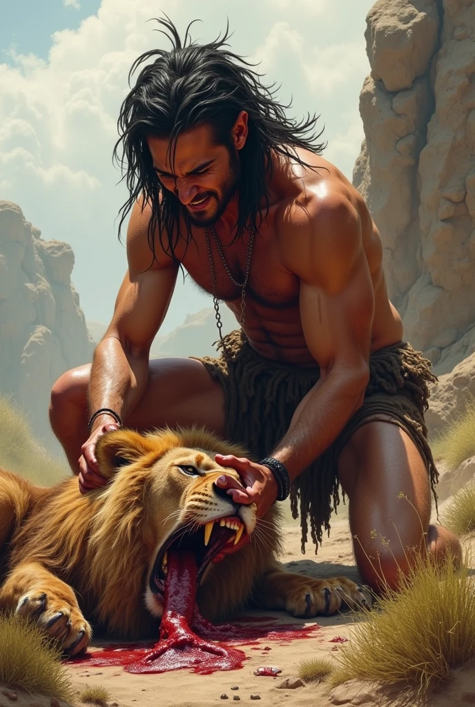A handsome man in forest eating lions meat