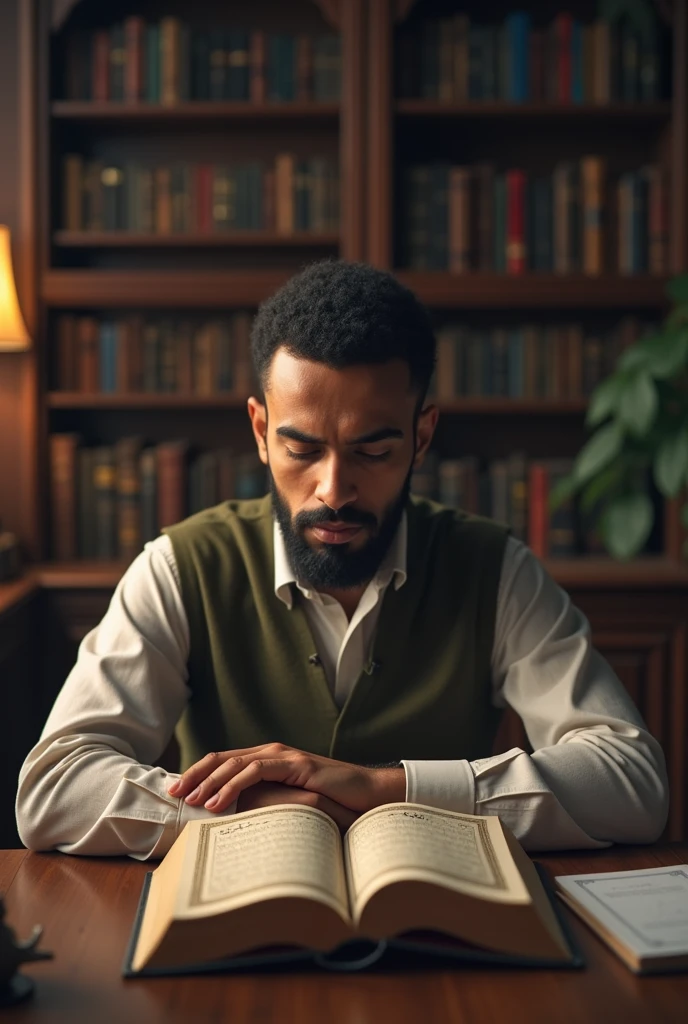 The image shows a 3 single muslim man sitting in a quiet study room, surrounded by Islamic scriptures, books and stationery. On the table in front of him was an open Koran. The student looked focused and solemn in reading and memorizing, with an expression of perseverance and concentration. The background shows an atmosphere that supports learning, such as bookshelves and soft lighting. Above the image, there is text that reads: "Hafalan yang mutqin adalah akibat dari muroja'ah yang terus-menerus", emphasizing the importance of consistency in repeating memorization to achieve accuracy and thoroughness.