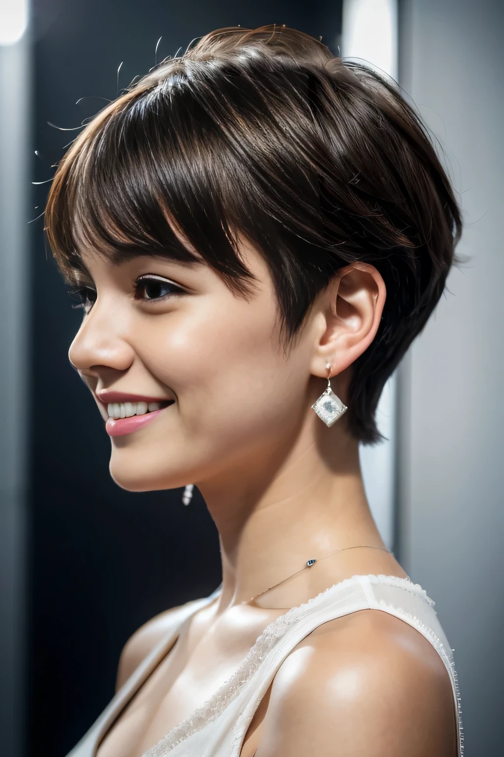 Super Resolution、White woman with only a head、Short Haircut、Wavy Hair、smile、Ear piercing、The background is gray space