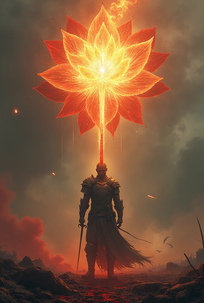 A warrior stabbed himself with his sword in a form of a cosmos flower in the battlefield