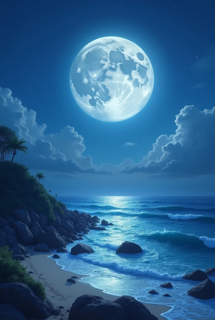 Full moon night,I can see the sea a little way ahead,Small clouds,Relaxing environment, 4k hd,, Beautiful Art UHD 4K, Beautiful artwork illustration, Beautiful digital painting, Highly detailed digital painting, Beautiful digital art, Detailed painting 4k, Highly detailed digital painting, rich, Picturesque colors, Gorgeous digital painting, not human