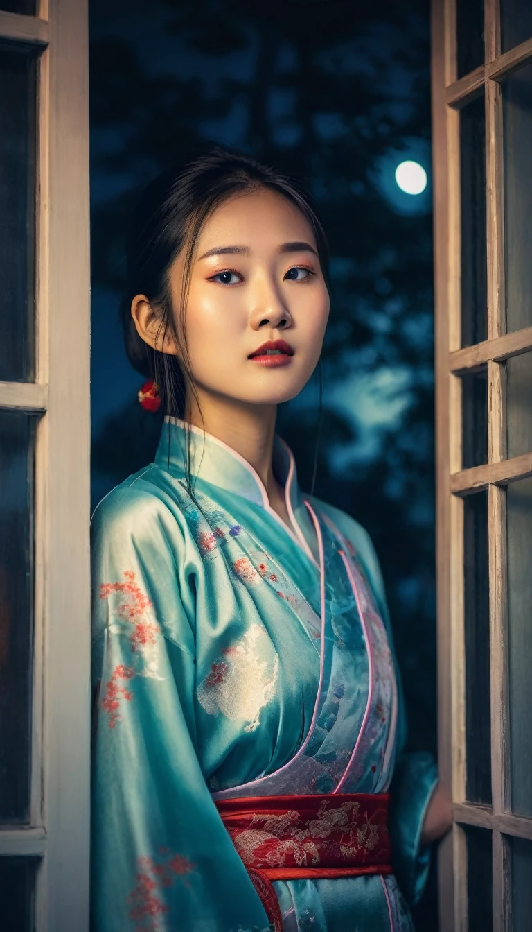 Extremely beautiful young Asian girl, wearing modern Chinese clothes, 2024 fashion, her face is both happy and worried and lonely, the background of the window frame outside has a bright moon. Multiple spectral images of her overlap. haunted and alone atmosphere. Contrasting warm and cool lighting. Surreal, double exposure effect