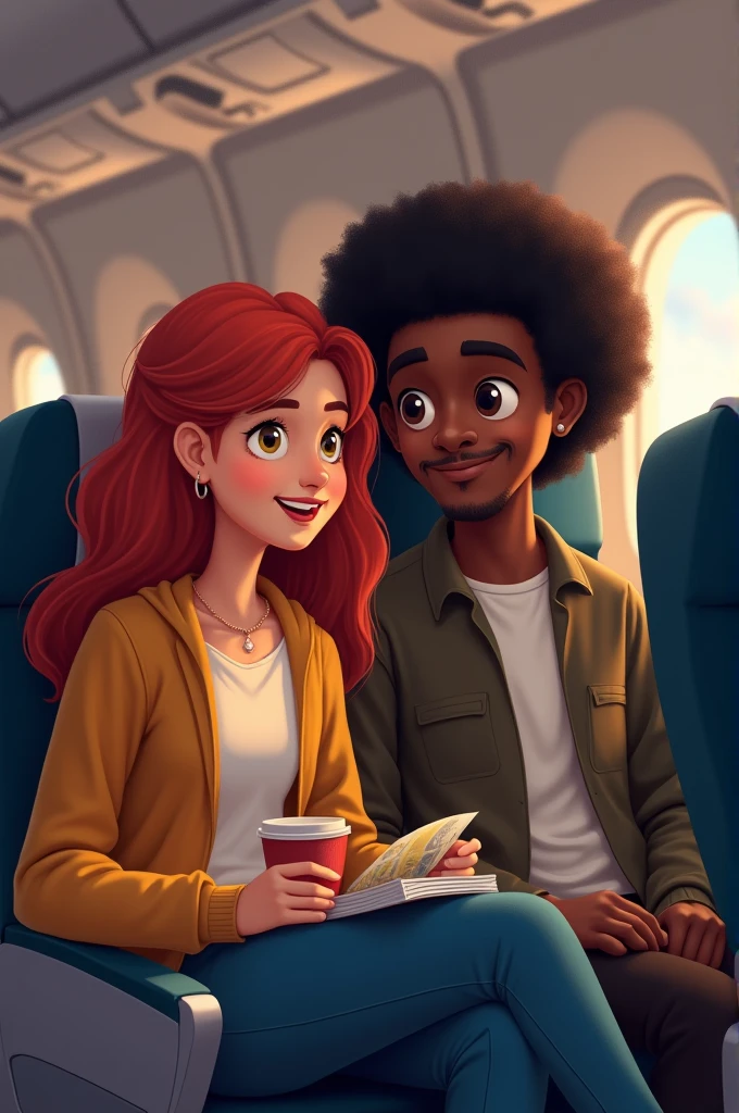 A red-haired white woman and a black-haired brown man on a plane 
