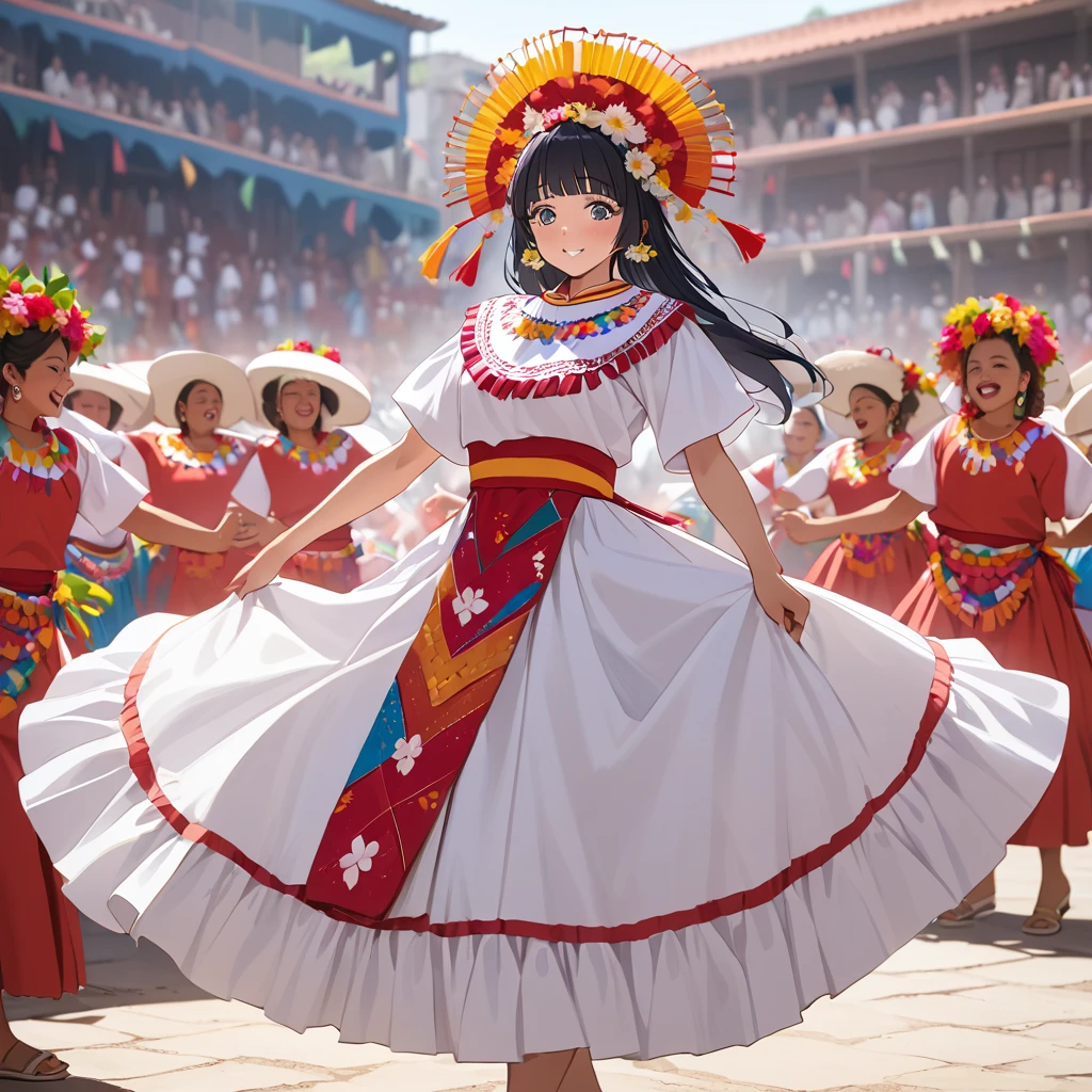 ((Highest quality)), ((masterpiece)), (detailed), (Perfect Face)、The woman is Reika Aoki with semi-long hair、A woman is dancing in a Guelaguetza costume in Guelaguetza, Mexico
