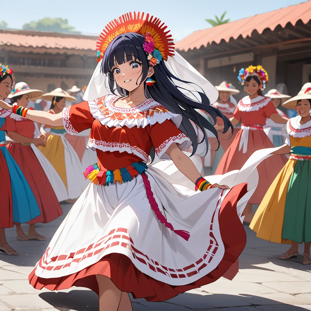 ((Highest quality)), ((masterpiece)), (detailed), (Perfect Face)、The woman is Reika Aoki with semi-long hair、A woman is dancing in a Guelaguetza costume in Guelaguetza, Mexico