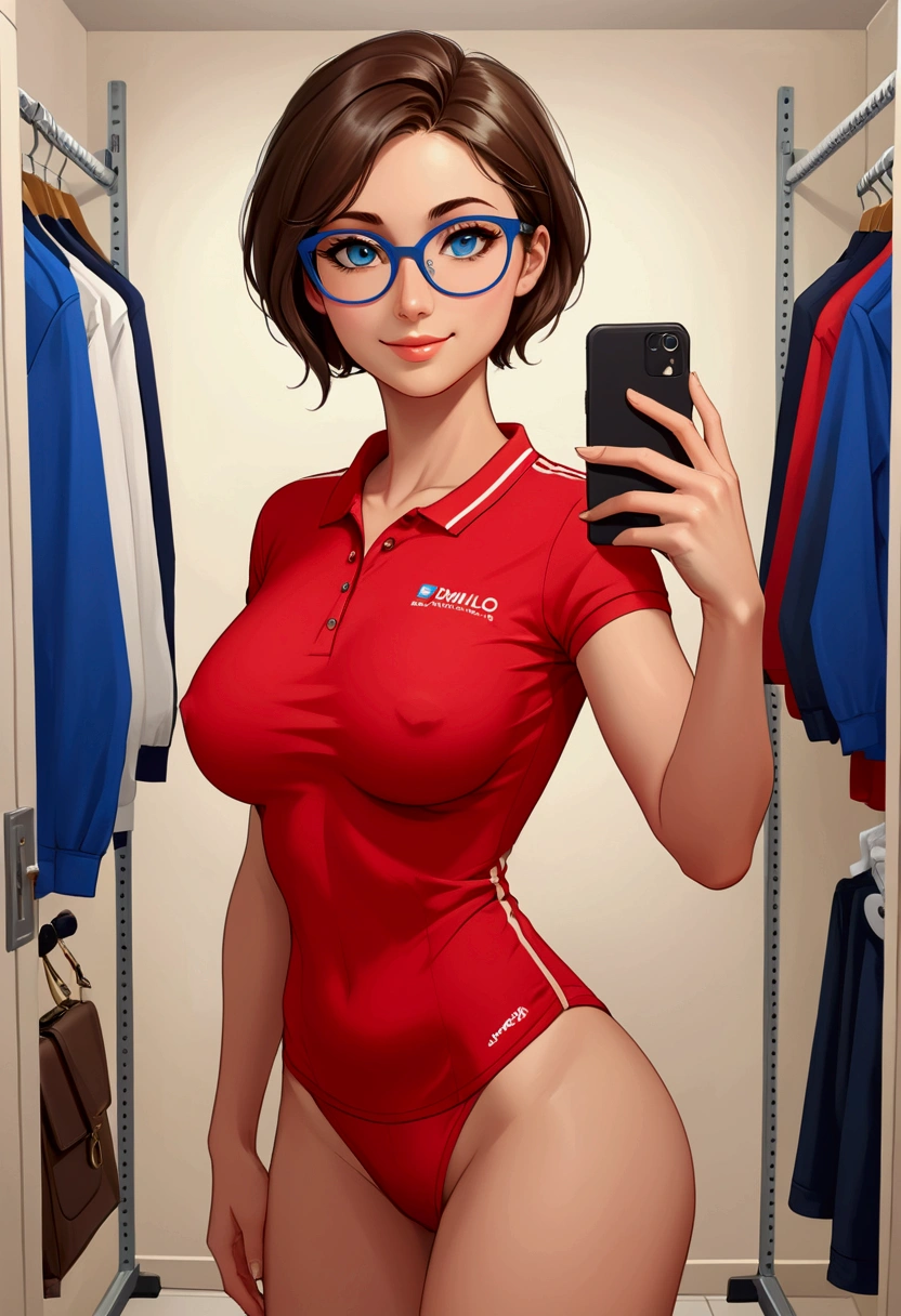 20 years old woman, Short brown hair, Méditerranéenne aux blue eye, Generous and heavy breasts, slender waist, definition of l&#39;estomac, fesses rebondies et pulpeuses, naturally curved, muscular thighs, aguicheuse, fitting room , blue eye, lunettes, jupe rouge et polo, Selfie, ssmile, side view 