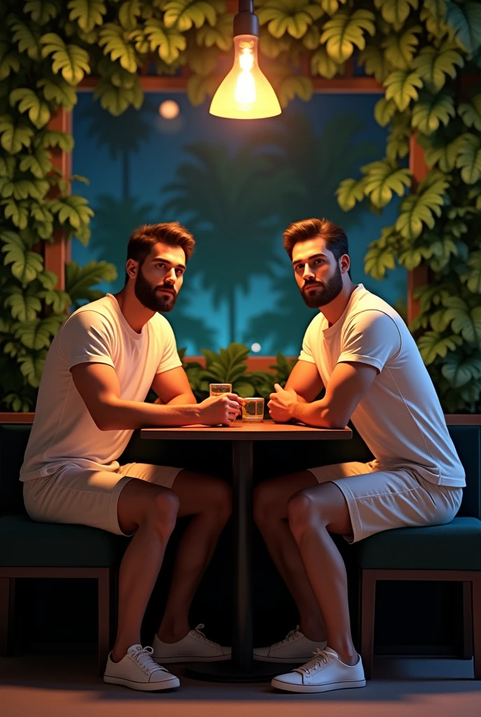 Two man, One next to the other, at night, lounge club, plants behind, Summer, sitting to a rectangular small table , both looking at the camera 