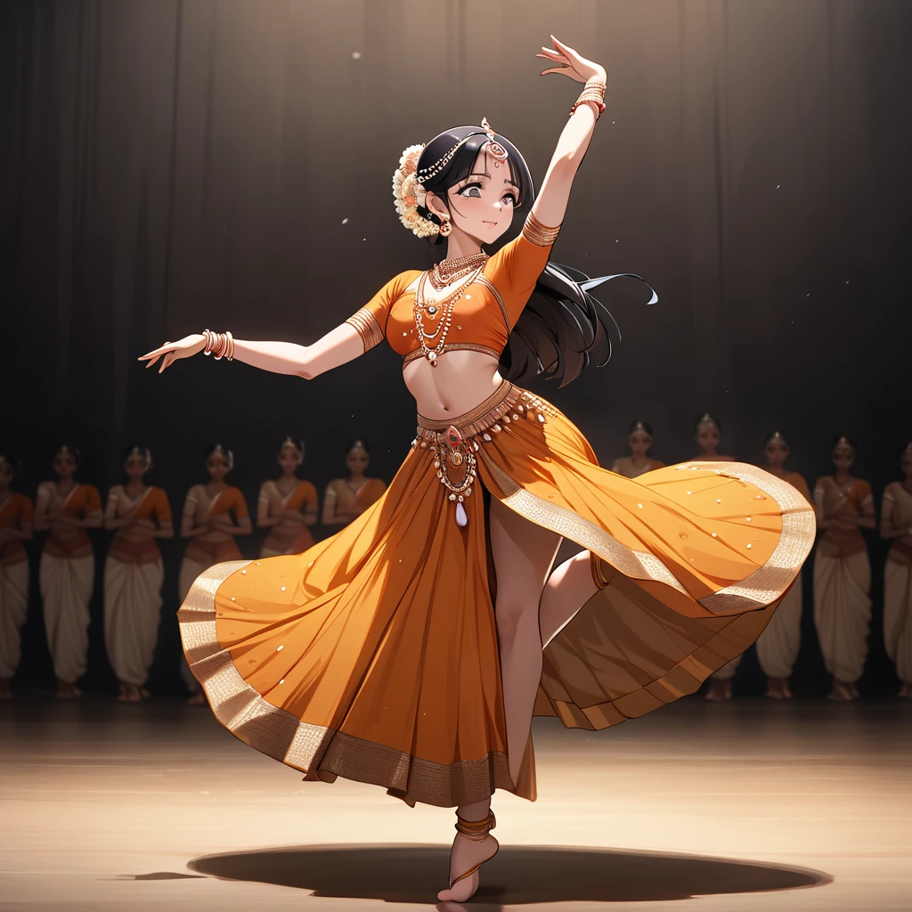 ((Highest quality)), ((masterpiece)), (detailed), (Perfect Face)、The woman is Reika Aoki, an Indian with dark skin and semi-long hair.、A woman is dancing Bharatanatyam in Bharatanatyam costume in India