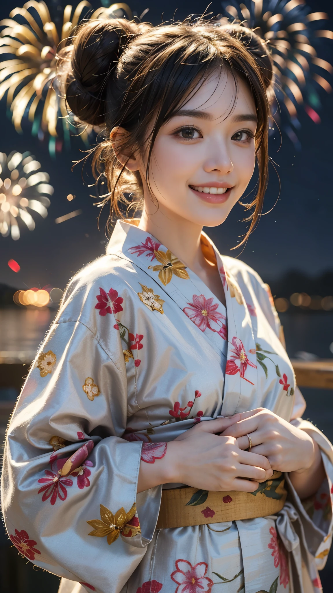Highest quality, masterpiece, Ultra-high resolution,8k, (Realistic:1.6), (Portrait at the fireworks festival:1.4) RAW Photos,((Back view in yukata)),((Full body photo)),1 person,Fireworks in the night sky,Two slim adult women,((A big smile showing all teeth )) ,((Bun Hair)),((Looking up at the audience)),Face Focus:1.4,((Telephoto shooting:1.4)),