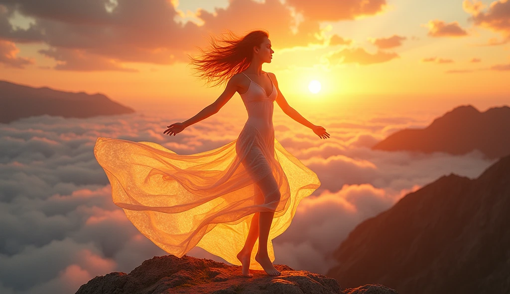 Setting: A mystical mountain peak at sunrise, with the sky painted in vibrant shades of orange, pink, and gold, overlooking a vast, serene landscape.
Description: A captivating goddess with fiery red hair and bright green eyes, wearing a minimalistic, sheer dress that flows with her movements. She is dancing with passion and intensity, her body glowing with a warm, golden light. Her posture is confident, embodying strength and vitality. The background features distant mountains, a sea of clouds, and the rising sun, casting a brilliant, energizing light over the scene. Her beauty and the breathtaking landscape create an inspiring and empowering image. Aim for realistic depiction, make sure photos are at highest resolution (8K)