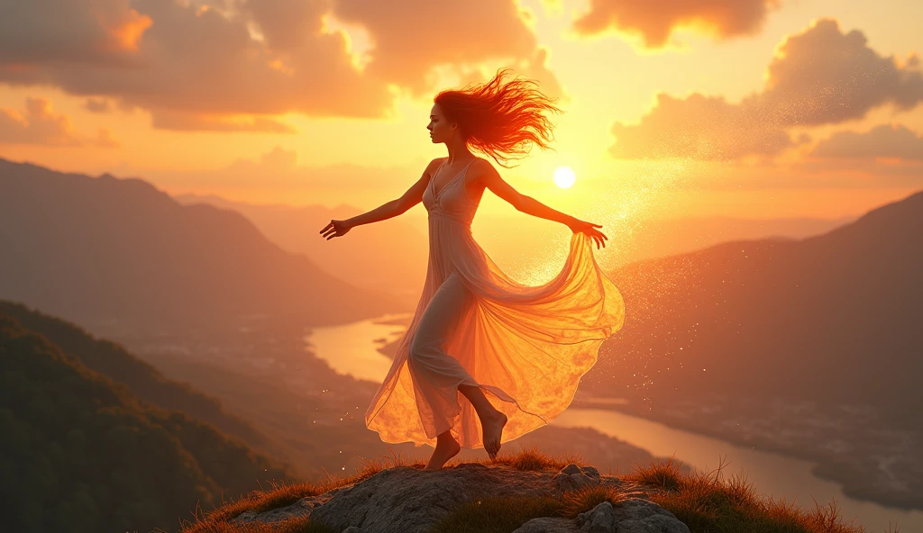 Setting: A mystical mountain peak at sunrise, with the sky painted in vibrant shades of orange, pink, and gold, overlooking a vast, serene landscape.
Description: A captivating goddess with fiery red hair and bright green eyes, wearing a minimalistic, sheer dress that flows with her movements. She is dancing with passion and intensity, her body glowing with a warm, golden light. Her posture is confident, embodying strength and vitality. The background features distant mountains, a sea of clouds, and the rising sun, casting a brilliant, energizing light over the scene. Her beauty and the breathtaking landscape create an inspiring and empowering image. Aim for realistic depiction, make sure photos are at highest resolution (8K)