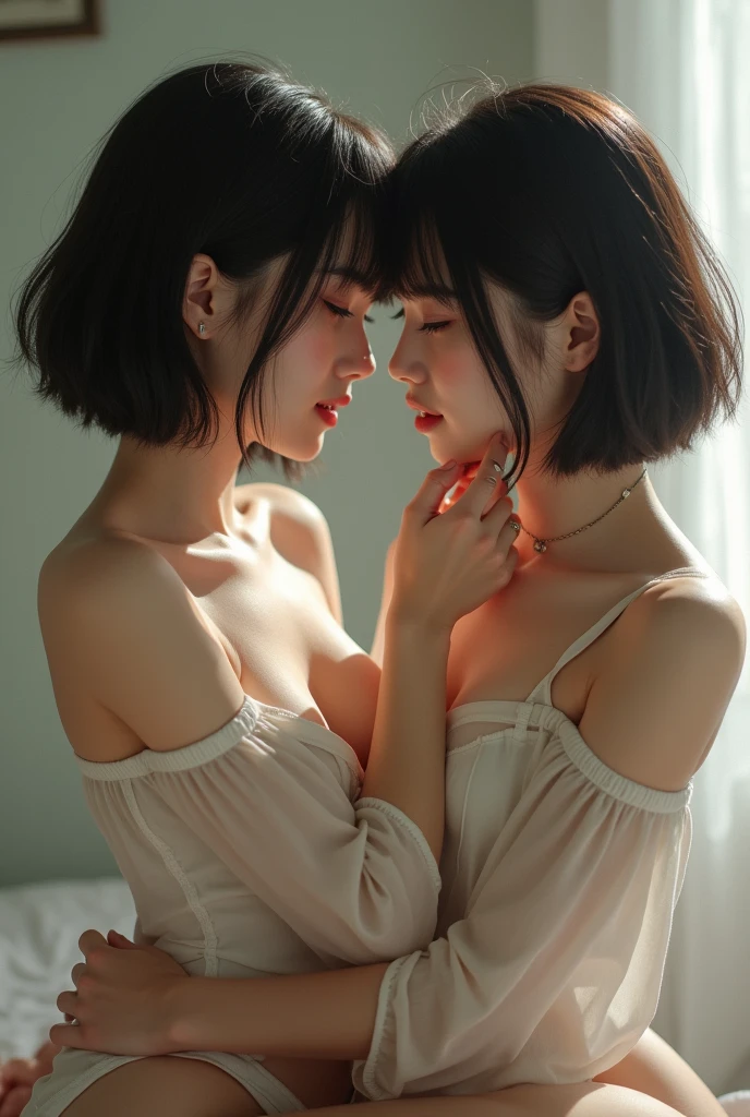 multi angle pov realism  pov near distance wetting full body figure fingertips touch own lips with self hand while kneering down and approaching aggressivery for a kiss neat pure beauty girl is beautiful japanese female and beautiful russian female mixed race only in the face age is 15 features of the whole body black hair medium straight bob cut hair style beautiful small face with short eyelashes boyish eyes only high nose dark blue pupils very thin upper lip milky white skin accurate attractive body shape beautiful nomal size bust waist  thighs knees legs choker and tie on neck half opend eyes shy enamored face kindly and slight