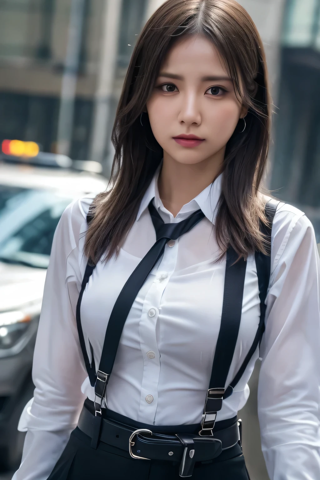 a woman in a suit, belt, hands behind back, sweating, suspenders, black pants, sexly, large breasts, see-through clothing, rain, detective, office worker, white button-up shirt, (best quality,4K,8k,highres,masterpiece:1.2),ultra-detailed,(realistic,photorealistic,photo-realistic:1.37),hyper-detailed,highly detailed face and body, Slender thin suspenders Moderate breasts See-through shirt Nipples holster chain Pistol Armament criminal Female criminal knife