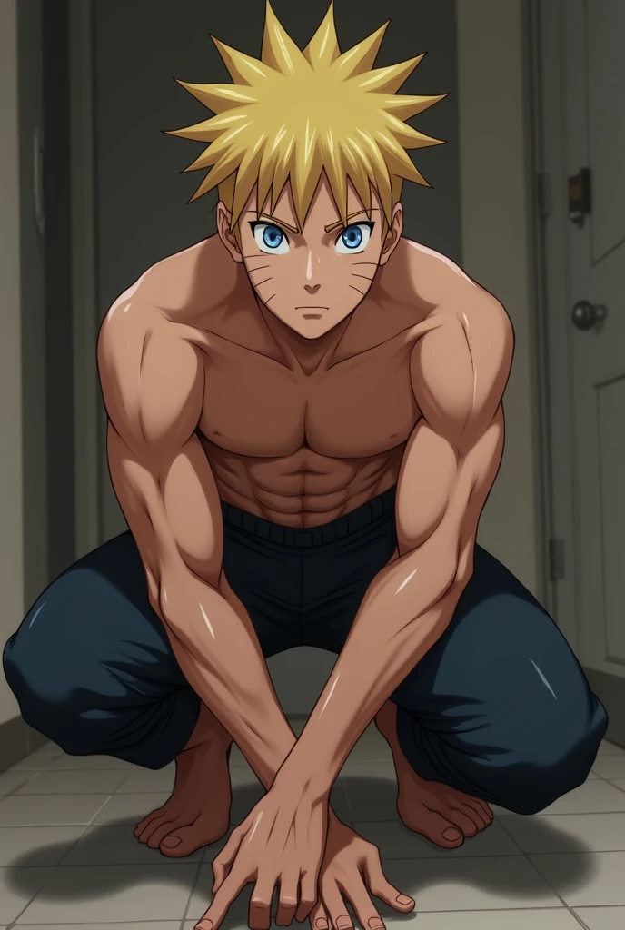 ((Masterpiece)), ((highest quality)), ((perfect anatomy)), young male, Denki Kaminari_boku no hero academia, squatting, wearing a thong, at his bedroom, smiling