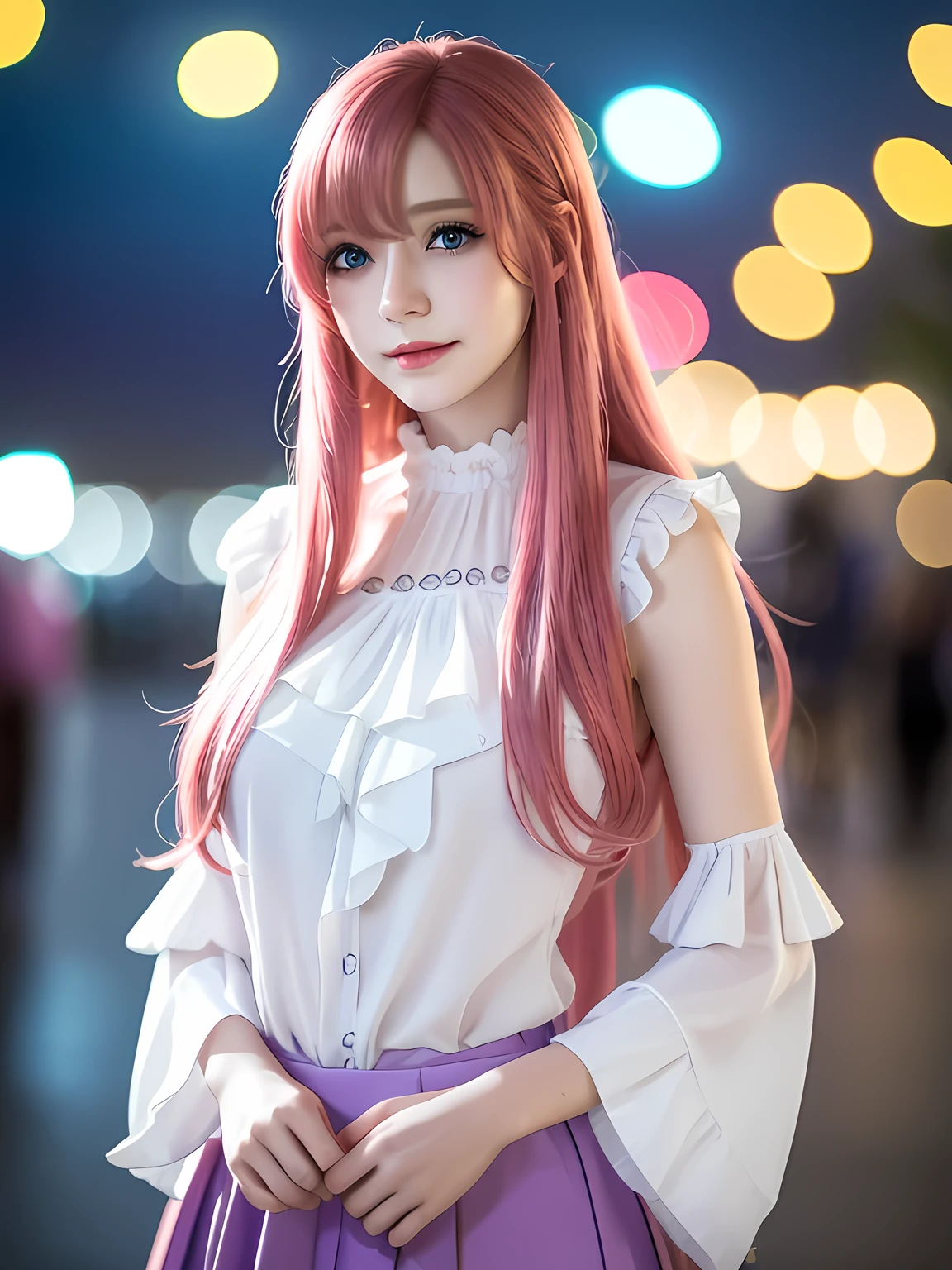 a girl with pink hair and blue eyes, long straight hair, wearing a white blouse with split sleeves and a purple skirt with ruffles, standing with arms outstretched, smiling, masterpiece, best quality, 8k, highres, (realistic, photorealistic, photo-realistic:1.37), (ultra-detailed:1.2), HDR, UHD, studio lighting, extreme detail description, vivid colors, bokeh, portrait, beautiful detailed eyes, beautiful detailed lips, extremely detailed eyes and face, long eyelashes