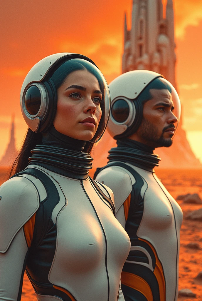 arafed image of a woman and man in a futuristic suit with a spaceship in the background, movie art, in front of an orange background, inspired by Robert McGinnis, female protagonist, megastructure in the background, portrait of an ai astronaut, astronauts, an astronaut, portrait of a astronaut skeletor, perfect android girl, frank franzzeta and sakimichan  