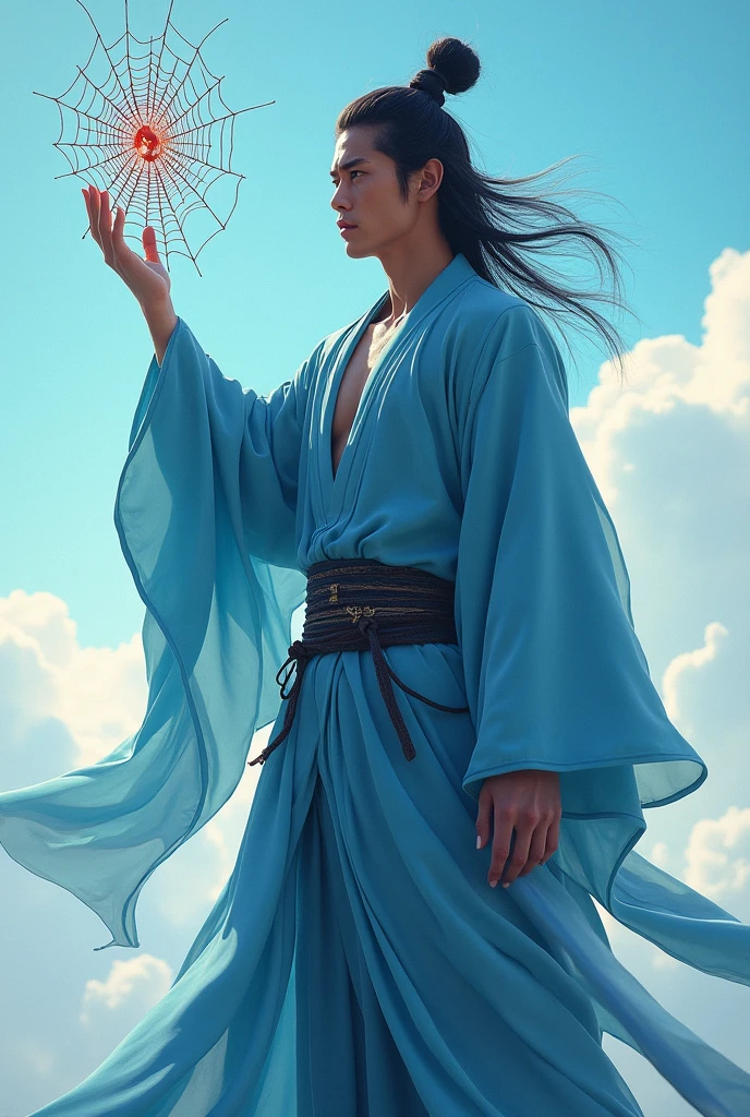 Asian eye, Samurai Bun for Asian Long Hairstyles for Men , inverted tangle body type, sky blue long jacket , 1.96 meters tall , long silk jacker grey sky blue , right hand with spider web ,