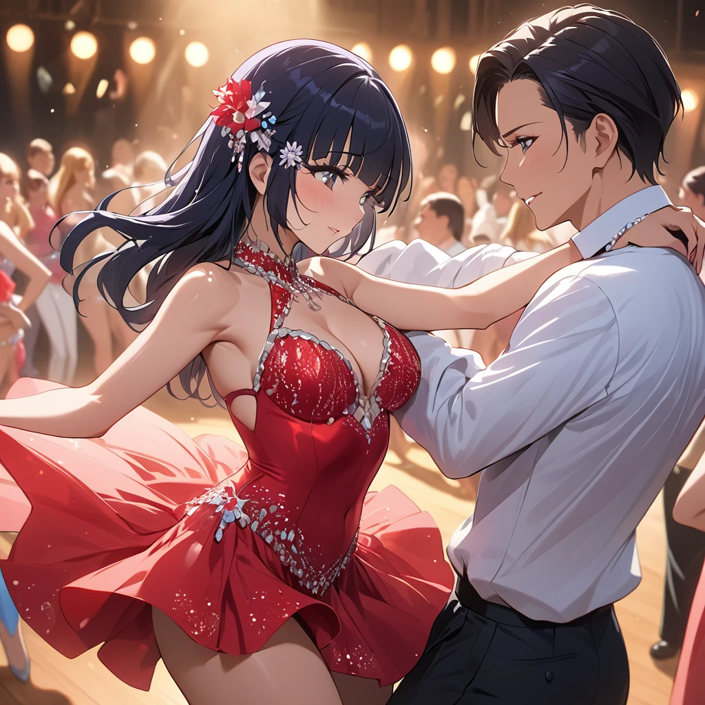 ((Highest quality)), ((masterpiece)), (detailed), （Perfect Face）、The woman is Reika Aoki with semi-long hair、A woman is dancing salsa passionately in a salsa costume in South America