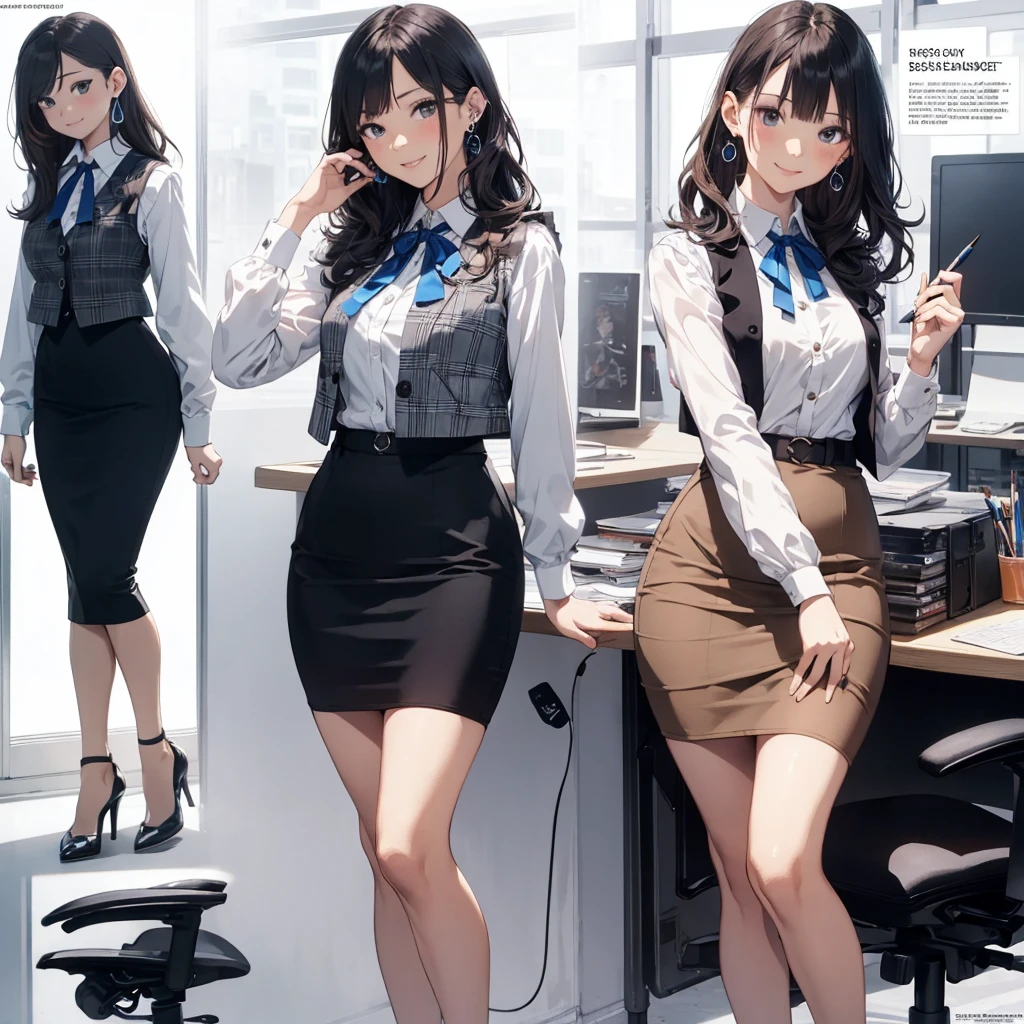 (Best Quality, Masterpiece),Wearing a pink plaid vest, White short sleeved shirt, Gray pencil skirt, Wear stiletto heels, Necklace, earrings, Cute face, Smile, Blushing, Shyness, Glass wall, Ultra Detail, Realistic, Front view, Whole body, stunning, cute, warm smile, hourglass figure, apron, text, chart, advertising, magazine title(Best Quality, Masterpiece), Mag((((1ladyl,)))) (masterpiece), (realistic), (best quality), (ultra-detailed), (wearing in [[white and gray check pattern]] Vest worn over white collared long-sleeved shirt:1.4), (gray vest with buttons:1.2), (Pink Theme:1.2), (blue ribbon ribbon:1.3), (Black theme:1.4), (Tight black pencil skirt:1.5), ((Brown pantyhose)), (high-heels:1.1),longskirt,office desk, office chair,Lulubre Unity 8K Wallpaper, pantyshot, long brown hair, office lady Magazine Cover, 1girl,  amazing, girl, 30 years old, house wiife, warm smile, hourglass figure, text, chart, advertising, magazine title