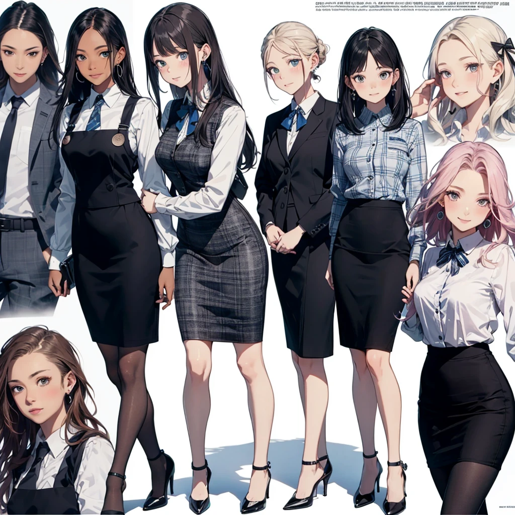 (Best Quality, Masterpiece),Wearing a pink plaid vest, White short sleeved shirt, Gray pencil skirt, Wear stiletto heels, Necklace, earrings, Cute face, Smile, Blushing, Shyness, Glass wall, Ultra Detail, Realistic, Front view, Whole body, stunning, cute, warm smile, hourglass figure, apron, text, chart, advertising, magazine title(Best Quality, Masterpiece), Mag((((1ladyl,)))) (masterpiece), (realistic), (best quality), (ultra-detailed), (wearing in [[white and gray check pattern]] Vest worn over white collared long-sleeved shirt:1.4), (gray vest with buttons:1.2), (Pink Theme:1.2), (blue ribbon ribbon:1.3), (Black theme:1.4), (Tight black pencil skirt:1.5), ((Brown pantyhose)), (high-heels:1.1),longskirt,office desk, office chair,Lulubre Unity 8K Wallpaper, pantyshot, long brown hair, office lady Magazine Cover, 1girl,  amazing, girl, 30 years old, house wiife, warm smile, hourglass figure, text, chart, advertising, magazine title