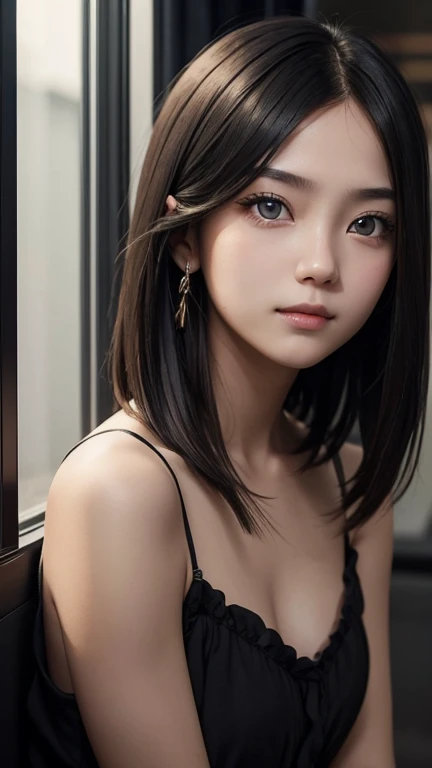 a girl who has short, beautiful shoulder-length hair and eyes that have the impression of a sharp gaze and has a cheeky and indifferent facial gesture