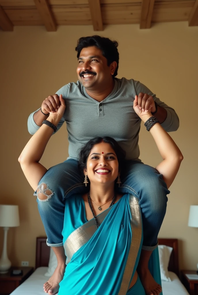 Beautiful and Slim Indian woman in blue blouse bikini saree lifting a large chubby fat man above her shoulders, man is sitting on woman's shoulders, in a bedroom with high ceiling, natural smile, woman is looking into the camera , she is holding his hands, full body image 
