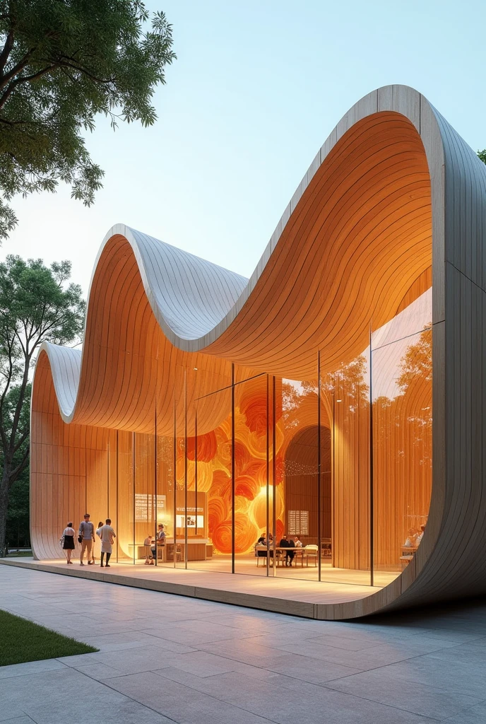 An architectural pavilion with some curves and straight elements , which will be used for exhibitions, where the cempasuchil flower is used as a reference