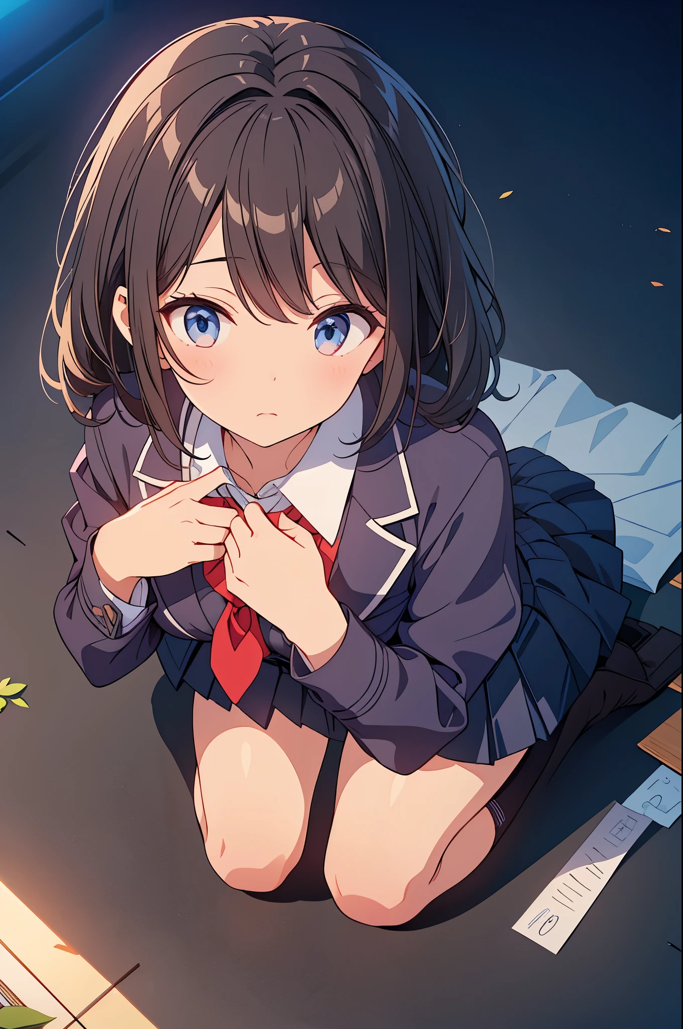 A woman in a school uniform is kneeling with her hands on her chest ((masterpiece、Highest quality、Very detailed))、one person's、Improve、blonde、Long Hair、Grey Eyes、Wicked Smile、((Grin))、lip、((Lots of piercings Medium breasts、((Cleavage))、A bow tie、((White shirt))、((Black pleated skirt))、bracelet、((White Buggy Socks))、loafers、((squat:1.5))、((Leg spread:1.5))、((Skirt Lift))、Leopard print pants 、storehouse