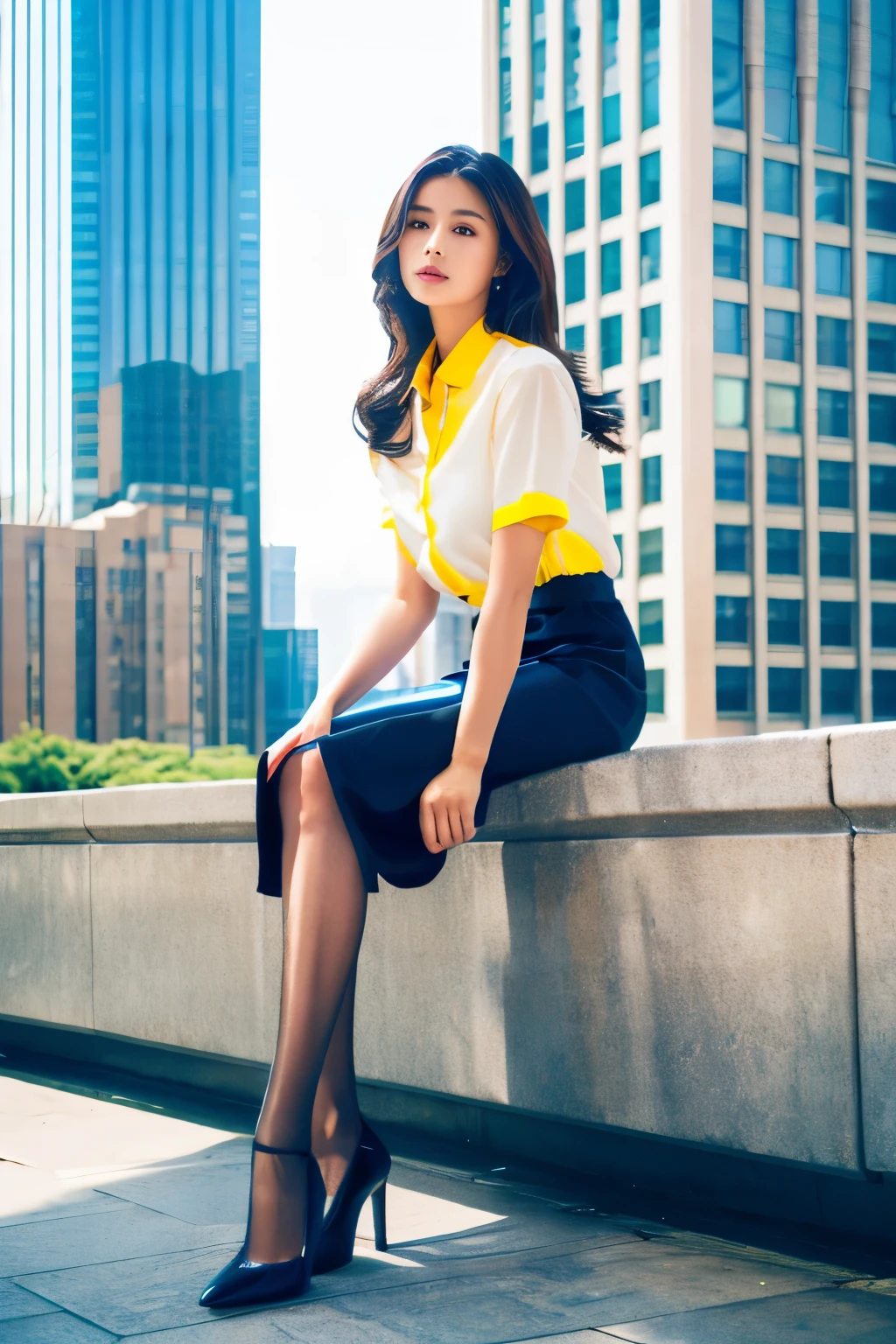 Colorful collared shirts、(Midi Skirt:1.2) 、Full Body Portrait、silk pantyhose、Sitting、Both legs and high heels look beautiful.、1 girl、Perfect body,Two well-balanced legs、 Perfect hands, Perfect Face, Perfect Eyes, Accurate,(Perfect Anatomy, Anatomically correct), Perfectly clear and sharp focus、Large Breasts、Modern architecture in the background、((Highest quality、Ultra-high resolution、masterpiece)) 
