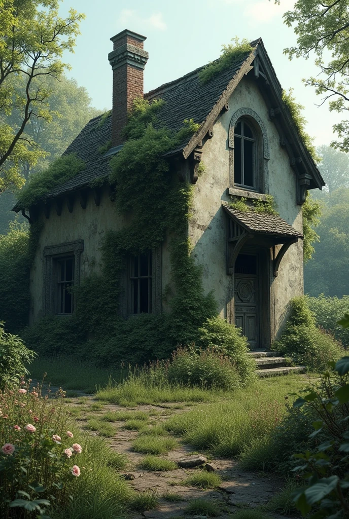 Mourning Dove Cottage abandoned for centuries with doves nesting yard overgrown with weeds broken windows roof crumbling and covered in moss