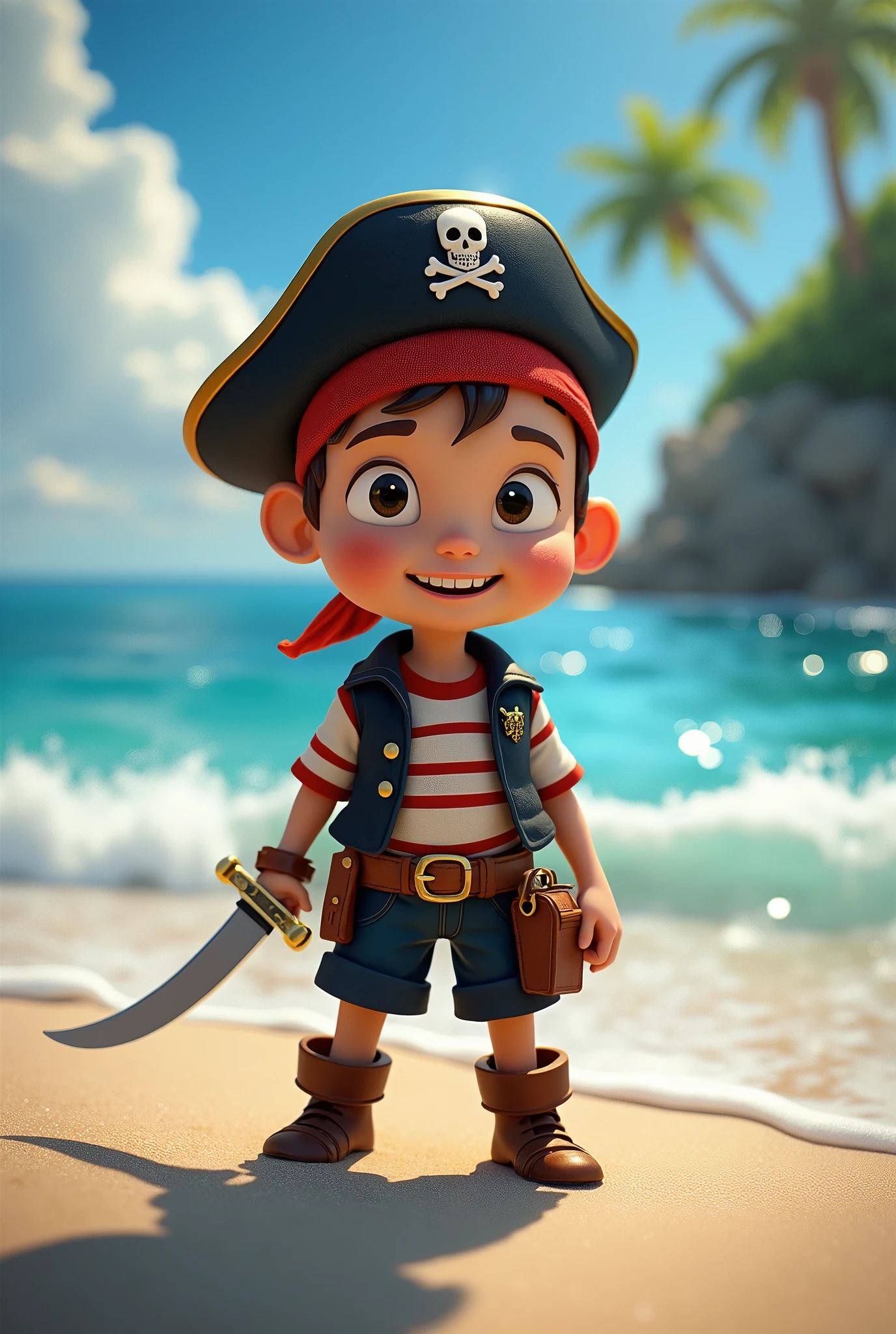 generate image of a young character dressed as a pirate for the 4 scenes below:

peter era um  curioso que adorava brincar de pirata. One day, while exploring the beach, found a small, shiny compass buried in the sand. When holding it, the compass started to spin rapidly, apontando para o horizonte. peter, full of enthusiasm, decided to follow the indicated path, imagining the adventures I could live.

While walking, peter percebeu que o céu ficou mais azul e as ondas do mar começaram a brilhar. He knew something magical was happening. Suddenly, a small pirate boat appeared floating in the water, as if he was waiting for him. Without thinking twice, peter subiu a bordo, holding tightly your magic compass.

The boat started moving by itself, levando peter para o alto-mar. He was excited, but a little nervous too. While sailing, saw dolphins jumping around the boat, as if they were guiding the way. peter percebeu que a bússola não só mostrava o caminho, but also protected him and guided him on his journey.

logo, From a distance, peter avistou uma ilha misteriosa, unlike any other he had ever seen. He knew that his great adventure was just beginning and that the magic compass had a special purpose.: take you to incredible places full of surprises.
