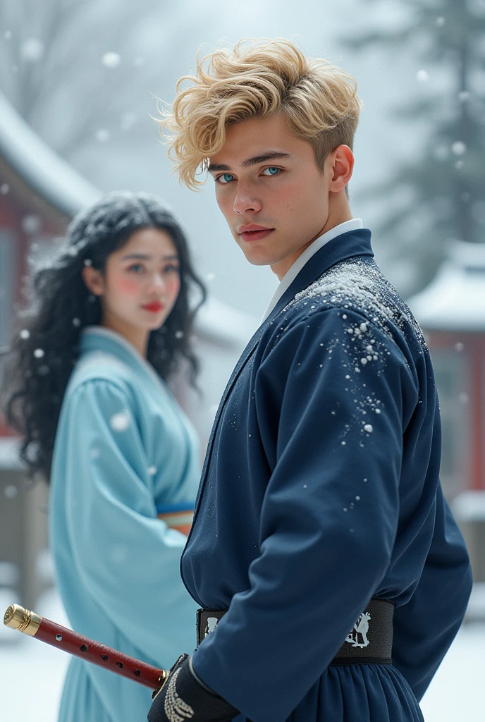 He is a young, athletic man in his 20s., A masculine body., Side-swept blonde curly hair, This is a big attraction for women., Sharp gaze and blue eyes, Athletic physique and perfect posture,Kendo uniform、Japanese sword、Winter in Japan、snow day、dream-like、High resolution、3D、A fleeting smile、white、American、Photos of a married couple、My wife is Japanese.、Long black hair、Curly Hair、wearing a light blue kimono、Brown eyes、Smiling silently、Two people looking at each other