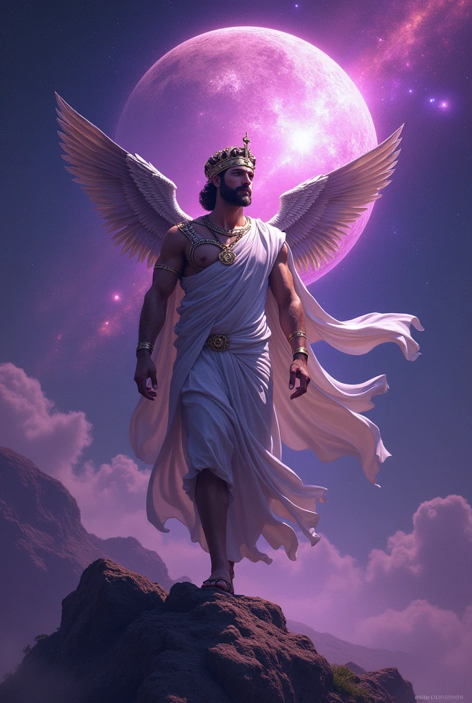 Hermes,saker of the gods, with violet galaxy and planet Mercury 