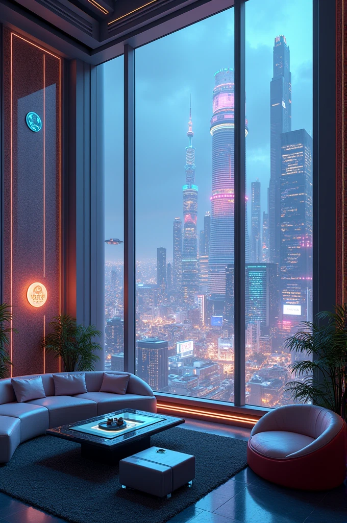 Penthouse with a cyberpunk futuristic city view