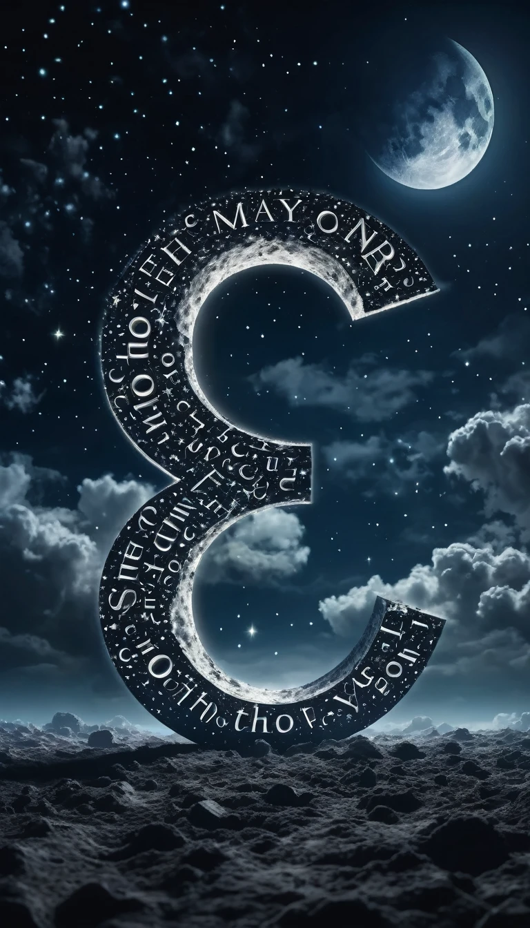 Magical, glowing letters floating down from the moon to Earth. Letters transform into stars midway. Ominous sky with swirling clouds. Cinematic wide shot. Photorealistic style