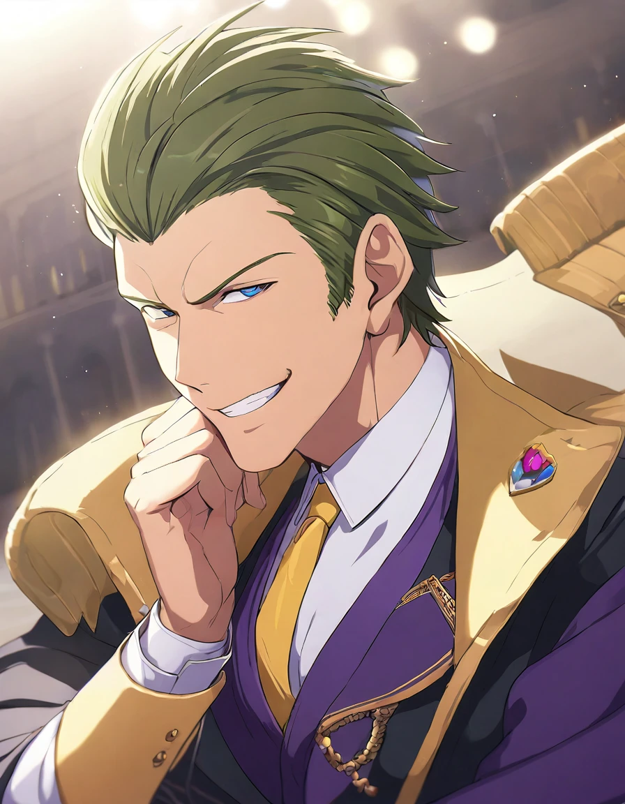 1man, (mature dad in ail-soft style, dandy president, moss olive hair, deepblue eyes, arafed spiky hair slicked back, businessman hairstyle), ideal ratio body proportions, BREAK (over 30s, elder producer, toned dilettante, high cheekbones, broad shoulder, square shaped face, handsome, beautiful detailed eyes, under 40s), BREAK (violet formal jacket, purplewhite shirt, yellow necktie, simple costume), BREAK solo, cool smile, smart emotion, BREAK upperlegs, romantic expression, 2000s, old hentai CG, in Ribahara Aki style, BREAK depth of field, dutch angle, cinematic shadows, cinematic lighting, lens flare, light leaks, texture, absurdres absolutely resolution, extreme all detailed, greatest paint, BREAK masterpiece, best quality
