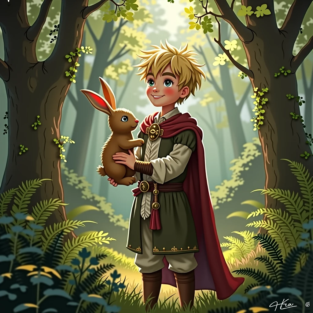 A medieval boy prince about twelve years old. Blond, disheveled hair. Smile. Tall. He's holding a rabbit by the ears. It is located in the forest.