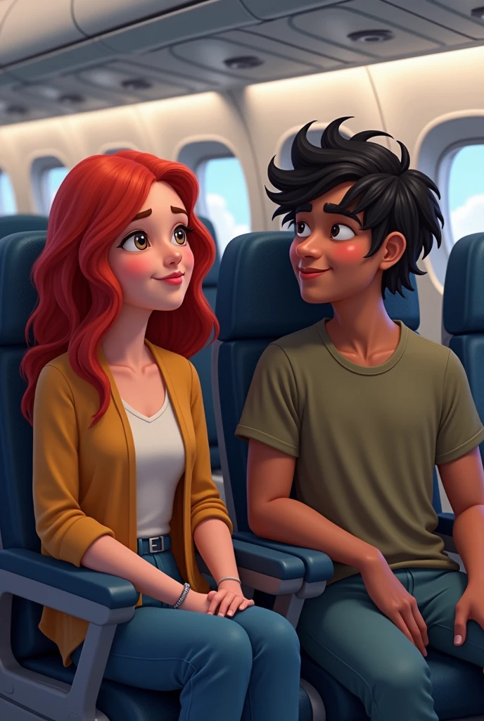 A red-haired white woman and a brown man with messy straight black hair on a plane 
