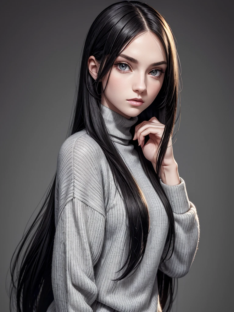 (best quality), 1girl, female, pale skin, (black hair), long hair, straight hair, grey eyes, perfect eyes, turtleneck sweater, stylish, elegant, serious, masterpiece, anatomically correct, highres
