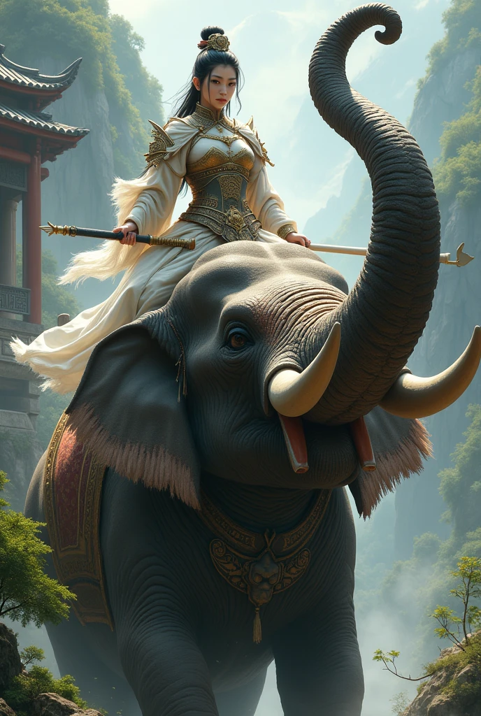 women Riding an giant big head long trunk elephant, painting of women and a elephant in a battle field, many soldiers outside, full body, stand, cinematic screen, soldiers run on field, fireting, combat, god ethereal, detailed, alluring succubus, ethereal beauty, perched on a cloud, (fantasy illustration:1.3), enchanting gaze, captivating pose, otherworldly charm, mystical sky, soft colors, (detailed cloudscape:1.3), (high-resolution:1.2), ((masterpiece)), (best quality), HDR, ((masterpiece)), (best quality), HDR, FEMME, Mirela Anton art Style, artistic, Soft color palette, windblown flowers, Sparkle, magical photography, Soft smooth lighting, Light background,[light smile], expressionless,