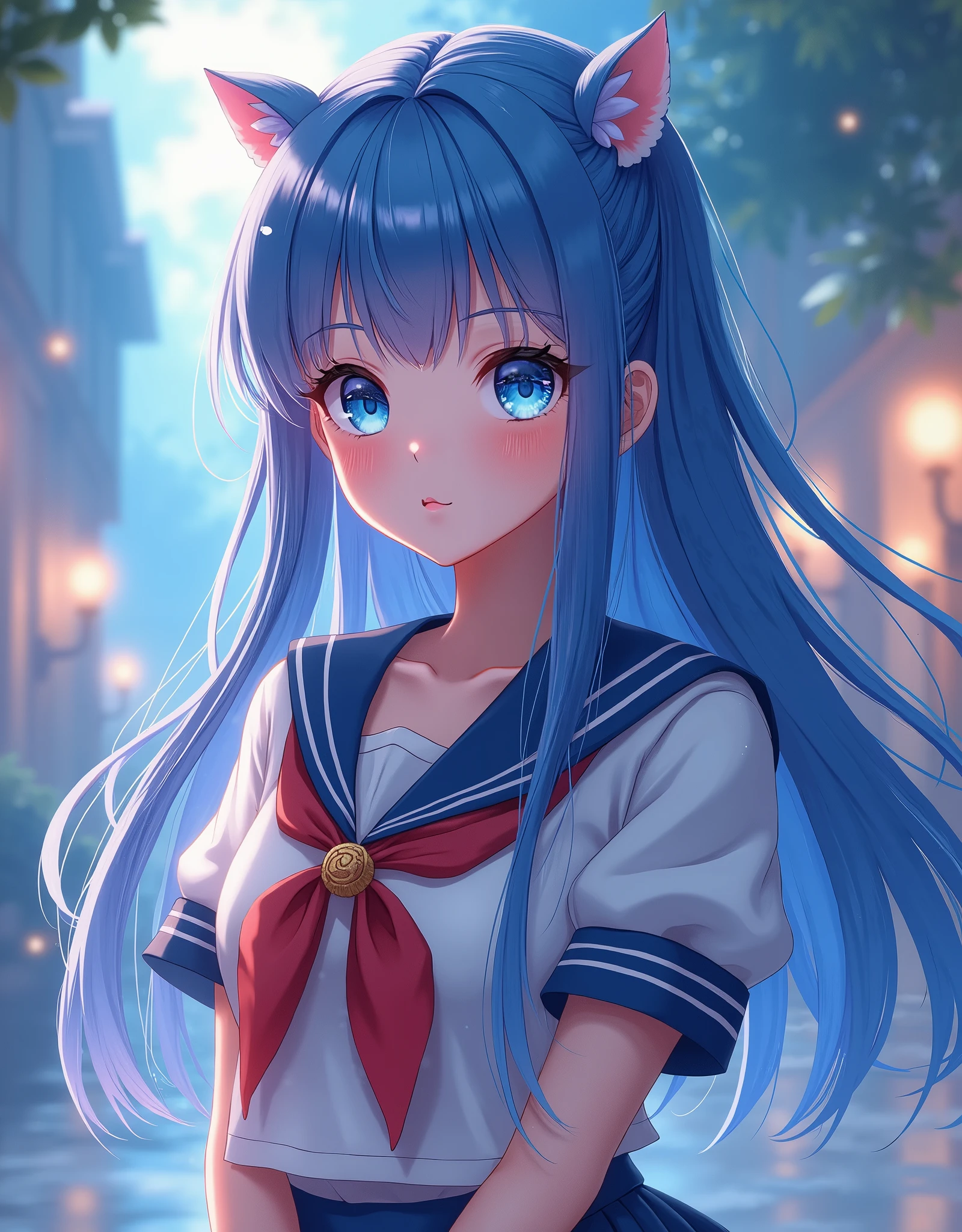 anime ,Wearing a sailor suit、Beautiful with long blue hair, Detailed face with large expressive eyes, Detailed lips, Long eyelashes, Sailor Moon, Magical girl, Fantasy, Soft lighting, Vibrant colors, Structure of the film, Digital Art, Very detailed, masterpiece, (Highest quality,4K,8k,High resolution,masterpiece:1.2),Very detailed,(Realistic,photoRealistic,photo-Realistic:1.37)