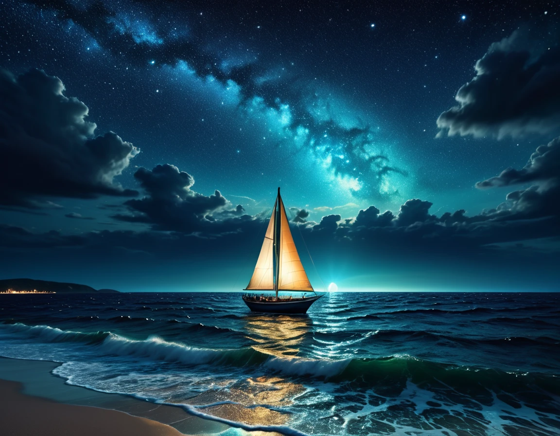 Beautiful night sky,The stars twinkle, Sparkling sea,Rough Seas, Luminescent plankton, A lone sail in the distance, fantasy, Surrealism, Like a dream, Dramatic shadows, (best quality,4K,8K,high resolution,masterpiece:1.2),Extremely detailed,(Practical,photoPractical,photo-Practical:1.37),fantasy landscape,Dramatic Lighting,Vibrant colors,Ethereal,atmosphere