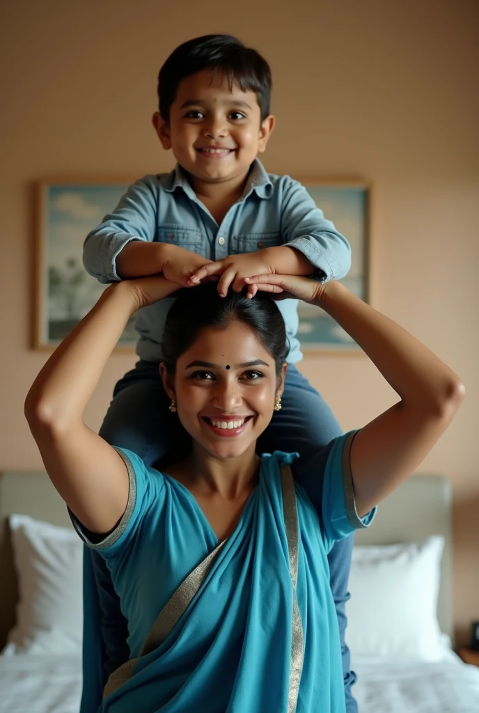 Beautiful and Slim Indian woman in a dark pink silk saree lifting piggyback a large chubby man above her shoulders, man is sitting on woman's shoulders, in a dark room with high ceiling, natural smile, woman is looking into the camera , she is holding his hands, full body image 