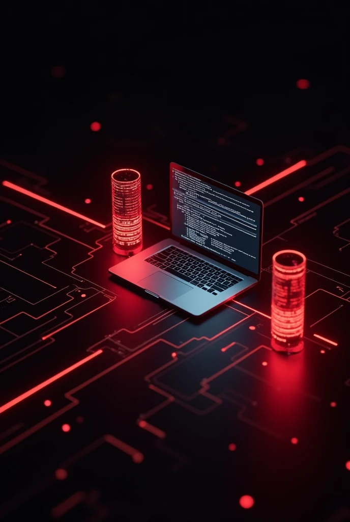 Presentation slide with a black and red color and having computer transfers a data to a server photo