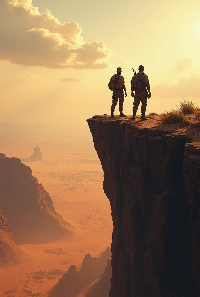 Create me a cover image with 2 men on a cliff in a desert