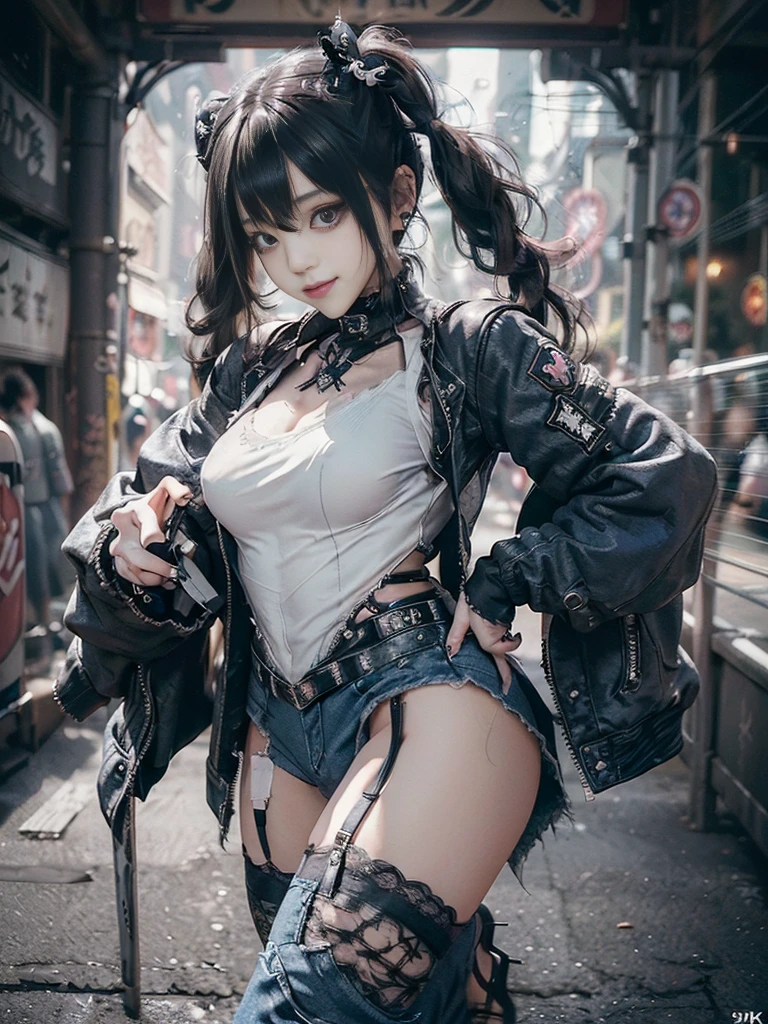 (Full Body View:1.2)、(Side view:1.2)、(Smiling with teeth showing:1.3),(Shibuya Gal:1.5)、(Hostess:1.4)、(gothic  fashion:1.5)、(Punk RockVisual Kei:1.3)、(Futuristic baby doll in black, white and denim:1.5)、(A delicate jacket in denim, beige and navy:1.5)、(Denim garter belt:1.5)、(Denim and black and white bodysuit:1.4)、(Heart-shaped silver accessories:1.5)、(Brown Skin Belt:1.4)、(Blue High Heels:1.4)、(Lace patterned underwear:1.4)、20-year-old、NSFW,((Highest quality、In 8K、masterpiece:1.3))、Sharp focus:1.2、(Layered Cut、Beautiful boobs:1.1),Beautiful woman with perfect figure:1.4、(Doing an aerobics pose:1.3)、Slender Abs:1.2、Butt、Highly detailed face and skin texture、Detailed eyes、double eyelid,(Twin tails:1.3)、(Black brown hair:1.3)、Obscene、Gravure idol、(Luxurious amusement park at night:1.3)、(Make your legs thinner:1.4)、(Thin thighs:1.4)、(Slim body:1.3)、(clavicle:1.1)