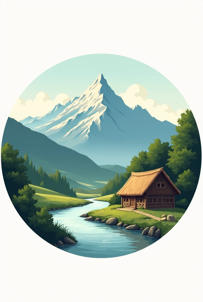 Logo circular, MOUNTAIN BACKGROUND IN THE CENTER PEASANT HUT NEXT TO THE RIVER